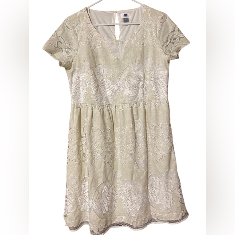 Old Navy Lace Crochet Dress Women’s Medium Beige Short Sleeve Waisted Cottage